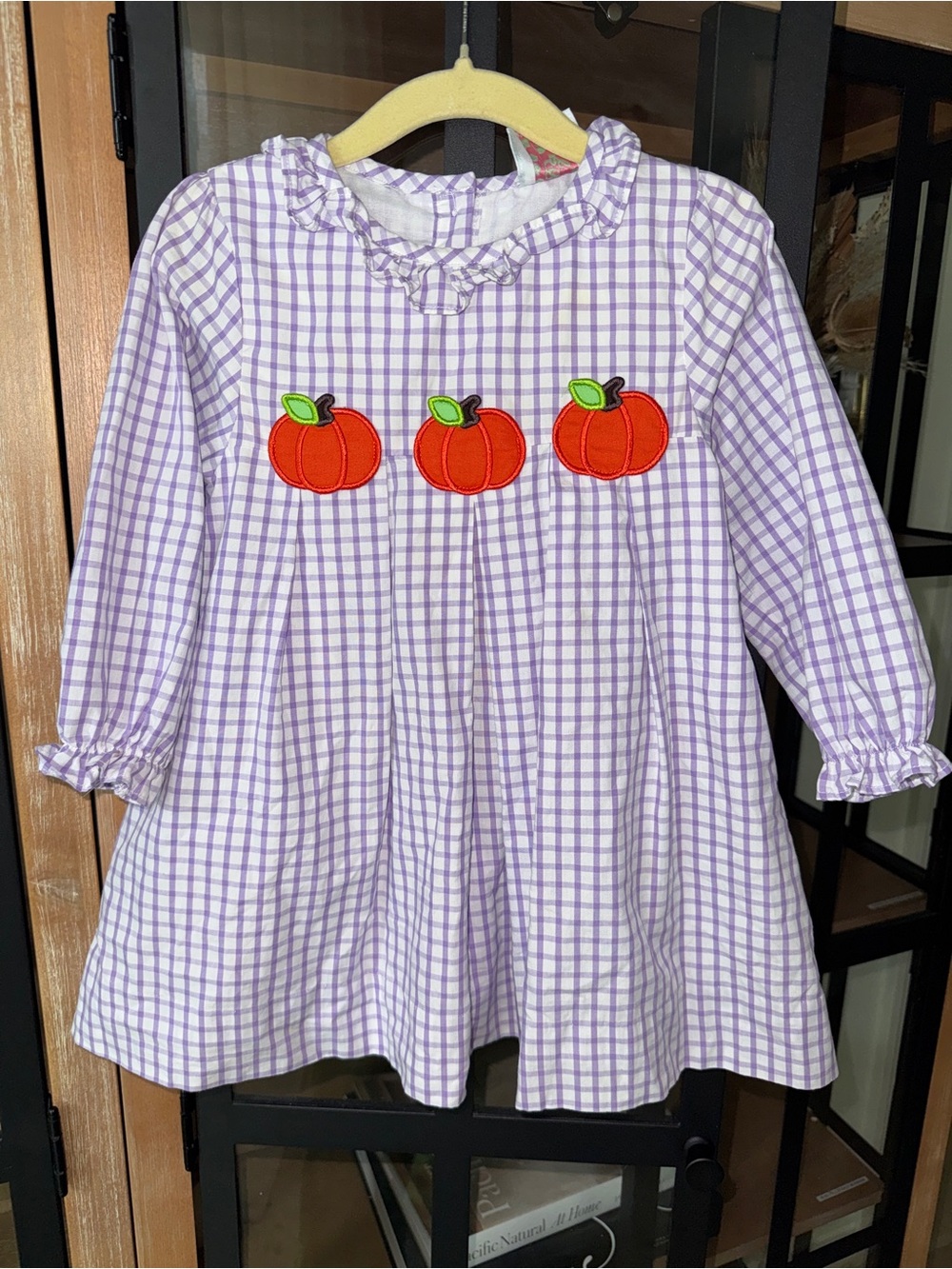 Cecil & Lou pumpkins applique long sleeve dress fall patch windowpane ruffle